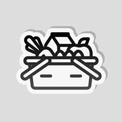 Grocery basket, shopping at the supermarket, Full box of fresh food. Linear sticker, white border and simple shadow on gray background