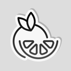 Orange slice, half lemon, fresh fruit, icon of food. Linear sticker, white border and simple shadow on gray background