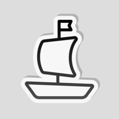 Cruise ship, ocean liner, sea boat. Linear sticker, white border and simple shadow on gray background