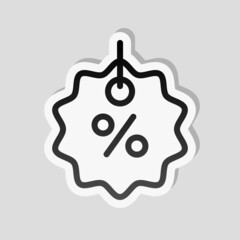 Shopping tag, discount coupon, label with percentage symbol, low price. Linear sticker, white border and simple shadow on gray background