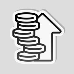 Stack of money coins, dollar or euro, business icon. Linear sticker, white border and simple shadow on gray background