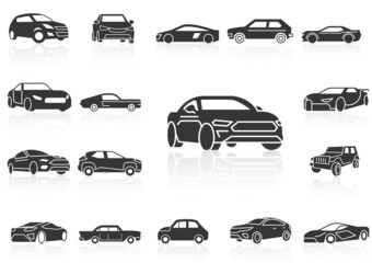 solid icons set,transportation,Car side view and shadow, vector illustrations