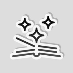 Opened book, read literature, library logo. Linear sticker, white border and simple shadow on gray background