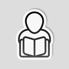 Fototapeta premium Person with book, read magazine, simple icon. Linear sticker, white border and simple shadow on gray background