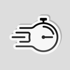 Stopwatch or timer, simple icon. Linear sticker, white border and simple shadow on gray background