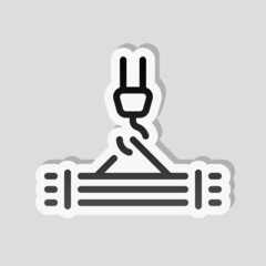 Construction crane, building machine, simple icon. Linear sticker, white border and simple shadow on gray background