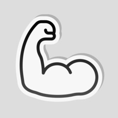 Strong muscle, hand with powerful bicep, simple icon. Linear sticker, white border and simple shadow on gray background