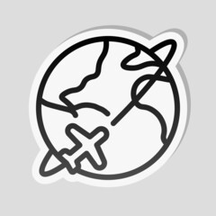 Globe and plane, air travel, around the world, simple business icon. Linear sticker, white border and simple shadow on gray background