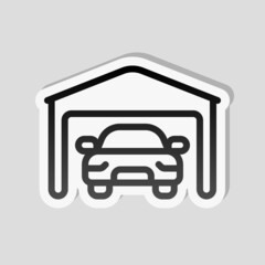 Garage near home for own car, simple icon. Linear sticker, white border and simple shadow on gray background