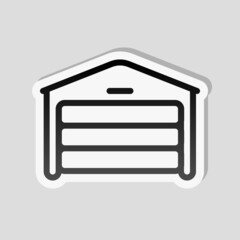 Garage near home for own car, simple icon. Linear sticker, white border and simple shadow on gray background