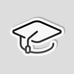 Graduation cap, simple icon. Linear sticker, white border and simple shadow on gray background