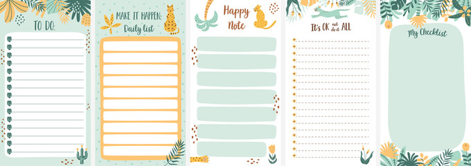 To do list template collection. Daily planner set, weekly planner, note paper decorated tropical jungle leaves, leopards. - 498984301