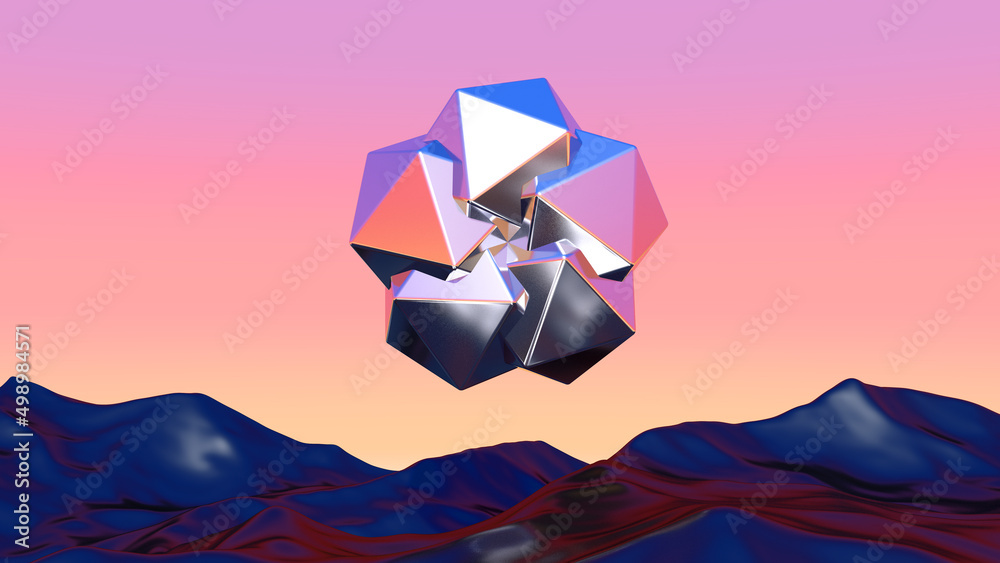 Poster abstract chrome shape over blue landscape in vaporwave sunset. background with mysterious surreal sh