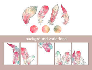 694_feathers of birds, graphics_idnian tribe set of romantic backgrounds with the image of the feathers of the princess in a watercolor style on a white background, vector templates for postcards, bus