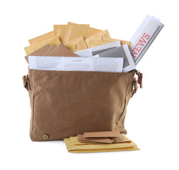 Brown postman's bag with envelopes and newspapers on white background