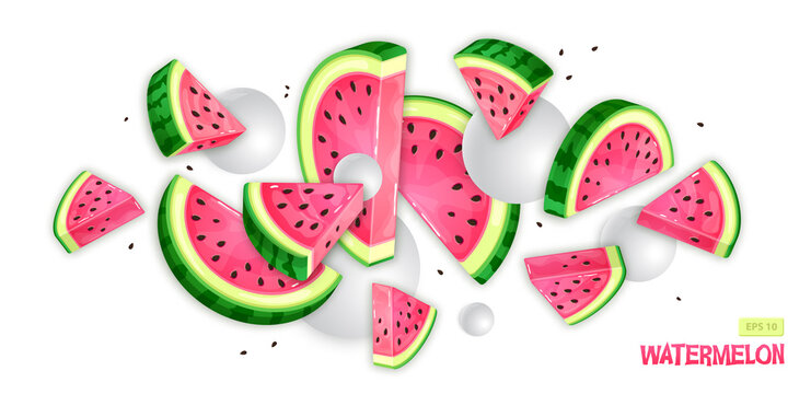 Watermelon slices with white spheres on white background. Vector watermelon illustration