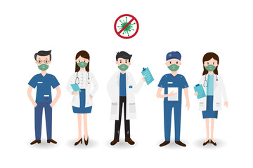 Group of doctors in uniform with face masks and virus icon isolated on white background ,medical team ,medical healthcare ,cartoon character ,Corona (Covid-19) virus protection ,Vector ,Illustration.