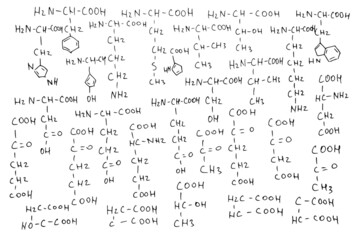 Chemical formulas. Scientific, educational background. Hand-drawn. Vector.