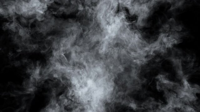 Two jets of white smoke collide in the middle of the frame and dissipate completely on an alpha channel background.