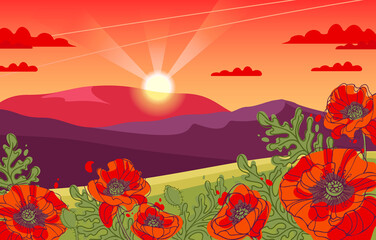 Fototapeta na wymiar Beautiful evening summer landscape. Slope with blooming poppies. Mountains and the sunset sky in the clouds, the setting sun. Vector illustration for background, website, posters, cards