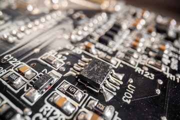 Fototapeta na wymiar Closeup photo of damaged circuit board
