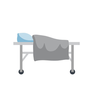 Medical bed on wheels. Clinic furniture. Hospital bed or stretcher with pillow and blanket.