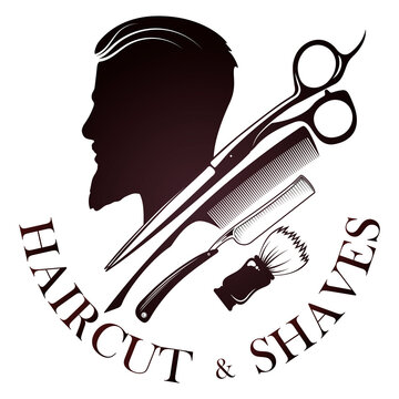 Barbershop and hair salon for men. Men's haircut and shave. Male head silhouette and barber tool