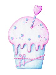 Delicious Delicate cupcake combined with pink icing in a blue cup, painted with colored pencils