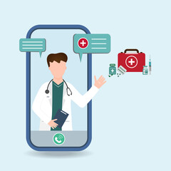 Fototapeta na wymiar A Doctors is talking on the smartphone with first aid kit icon isolated on Blue background.Telemedical service.Medical health care cartoon character.Vector.Illustration. 