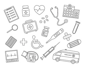 Medical flat icon isolated on white background. Hospital equipment. Doctor tool. First aid kits. Medical health care. Vector.Illustration.