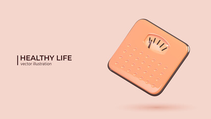 3D Healthy lyfe concept. 3d render of glossy scales. Realistic vector illustration in cartoon minimal style.