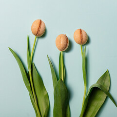 Composition with tulip flowers and cookies on the blue background. copy space
