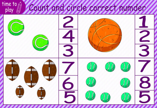 children's educational game, task. count how many balls are in the picture and circle the correct number. funny bouncing balls.