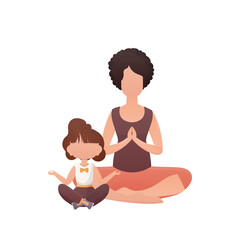 Mom and daughter yoga in the lotus position. Cartoon style. Isolated. Vector.
