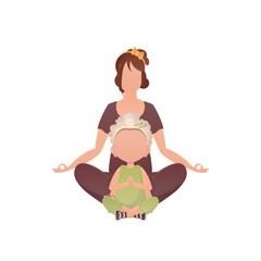 Mom and daughter are meditating. Cartoon style. Isolated. Vector.