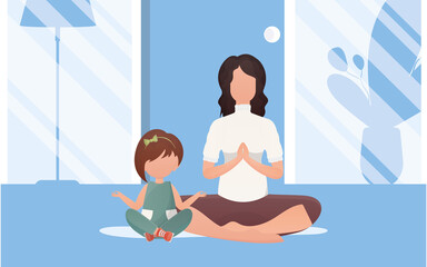 Mom and daughter do yoga in the lotus position. Cartoon style. Sports lifestyle. Vector.