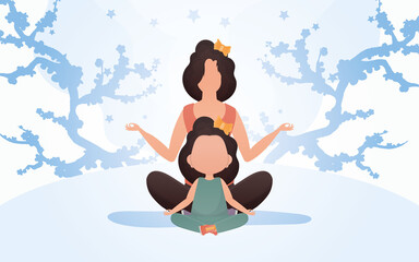 Mom and daughter are meditating. Cartoon style. Sports lifestyle. Vector illustration.