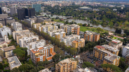 Aerial view of the modern EUR district in Rome, built for the Universal Exposition that should have...