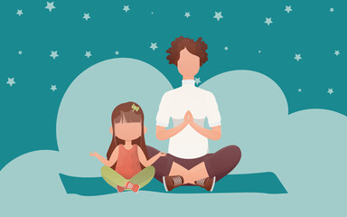 Mom and daughter are meditating. Cartoon style. Meditation and concentration concept. Vector.