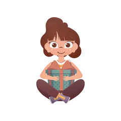 Little Girl sits in a lotus position with a gift in her hands. Isolated. Vector.