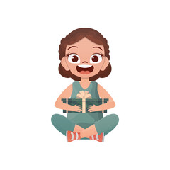 A cute little girl sits in a lotus position with a gift in her hands. Cartoon style. Vector illustration.