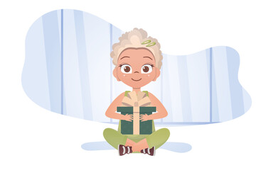 A cute little girl sits in a lotus position with a gift in her hands. Vector.
