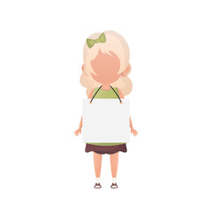 A little girl with a musty poster and a place for your text. Design in cartoon style. Vector.