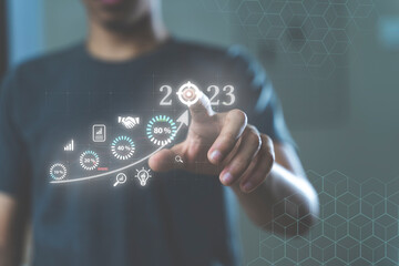 Businessmen work with stock market investment to analyze trading data.