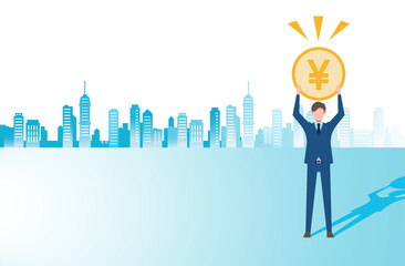 お金を掲げる男性・都市