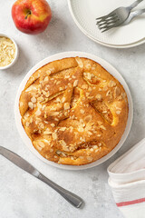 Traditional apple pie on a white plate on a light culinary background. Charlotte pie on a platter. Delicious homemade pastry on the kitchen table. Top view	