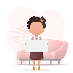 Child Girl with a blank banner for your text. Design in cartoon style. Vector.