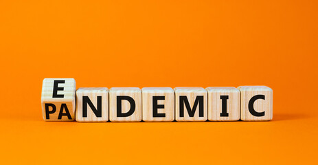 Covid-19 pandemic or endemic symbol. Turned wooden cubes and changed the concept word Pandemic to Endemic. Beautiful orange background copy space. Medical Covid-19 pandemic or endemic concept.