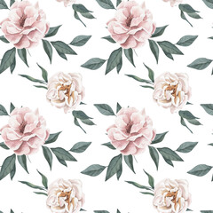 Watercolor Seamless Pattern Background with Roses on White Background.