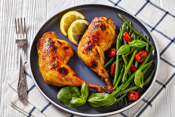 juicy roast chicken legs with green beans salad